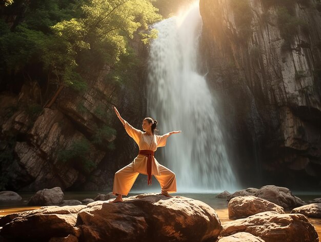 A woman in a karate outfit stands on a rock in front of a waterfall.