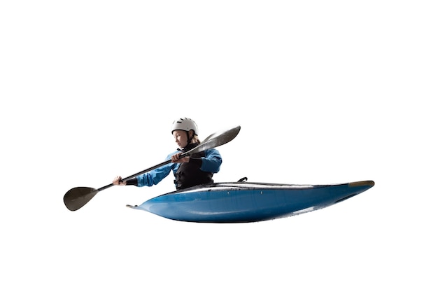 Woman in a kayak isolated on white