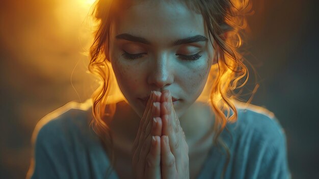 A woman keeps hands in pray on light background AI generate illustration