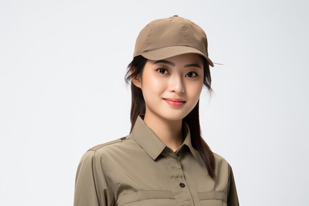 a woman in a khaki shirt and a hat