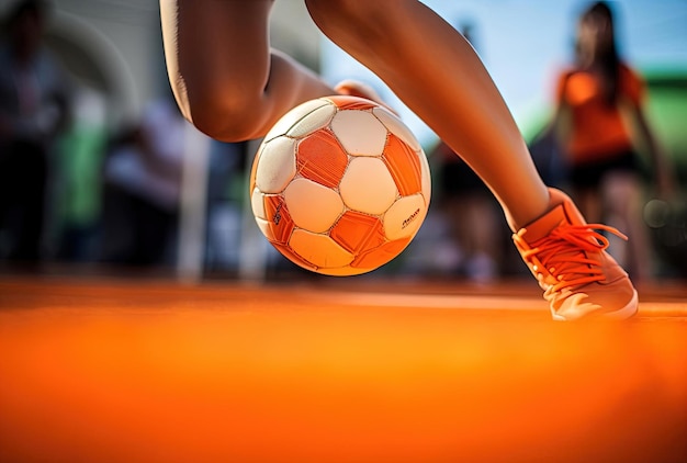 a woman kicks a soccer ball as it travels towards a goal in the style of lensbaby optics