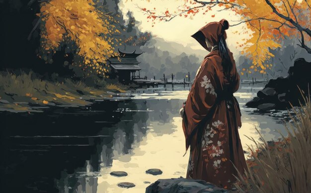 Женщина в кимоно на берегу реки осенью Generative AI