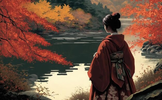 Woman in kimono on the banks of a river in autumn Generative AI