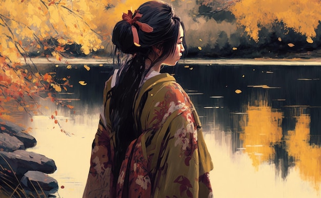 Woman in kimono on the banks of a river in autumn Generative AI