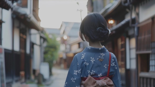 A woman in a kimono gazes down an oldtown street at dusk