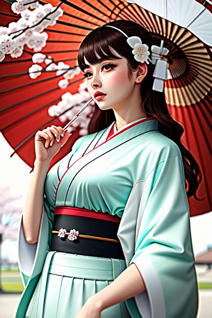 A woman in a kimono holding a red umbrella.