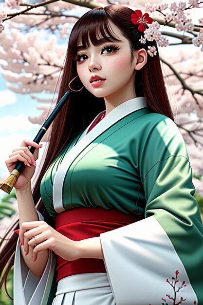 A woman in a kimono holding a sword and wearing a green and white kimono