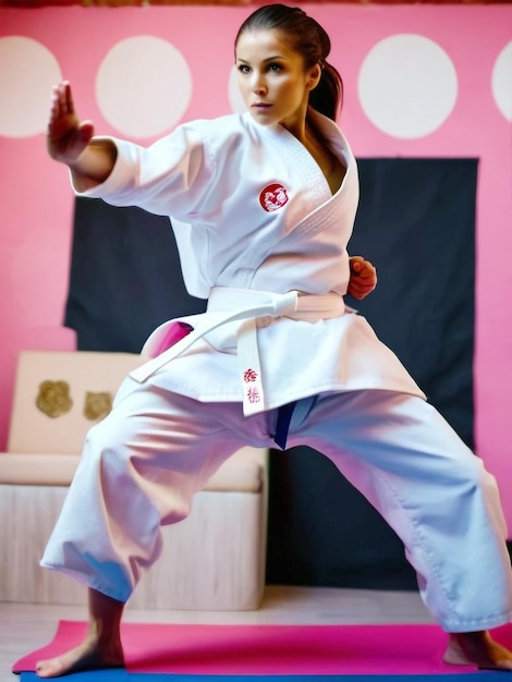 a woman in a kimono is practicing karate