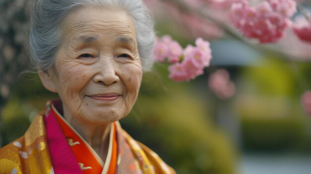 Photo a woman in a kimono is smiling for the camera