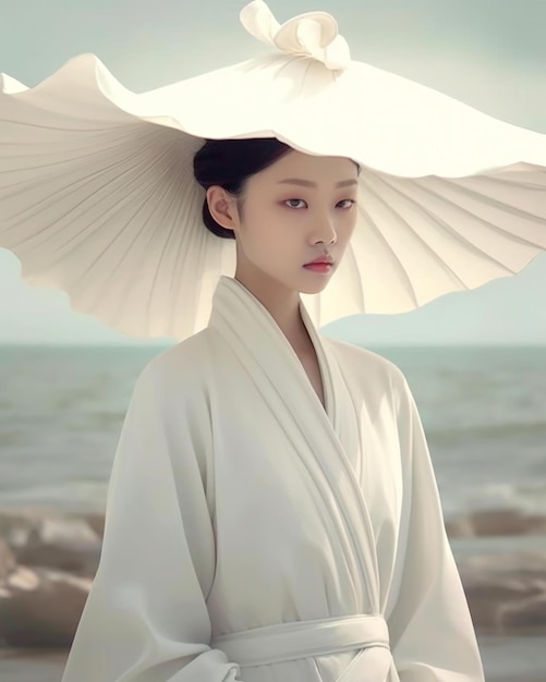 A woman in a kimono is standing in front of a body of water.