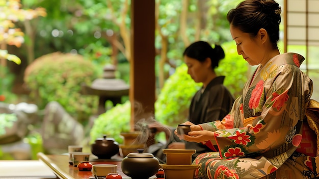 Foto una donna in kimono si inginocchia sul pavimento e prepara il tè indossa un kimono tradizionale giapponese con un disegno floreale