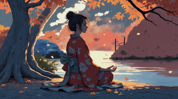 Woman in Kimono Meditating by a Lake in Autumn