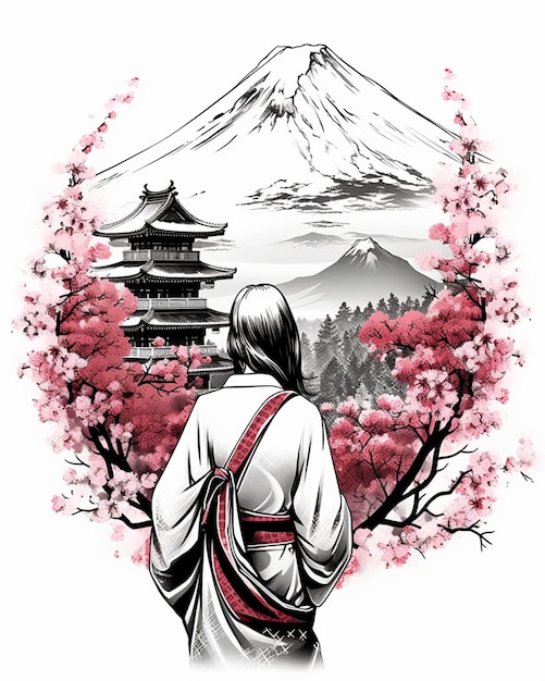 Photo a woman in a kimono outfit is looking at a mountain generative ai