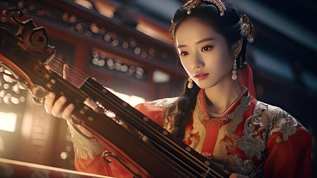 Photo woman in kimono plays piano beautifully chinese new year