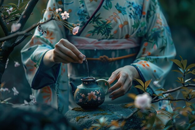 A woman in a kimono pouring tea into a teapot