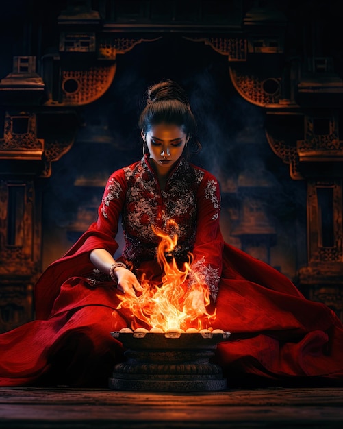 a woman in a kimono sits on a fire with a red background.