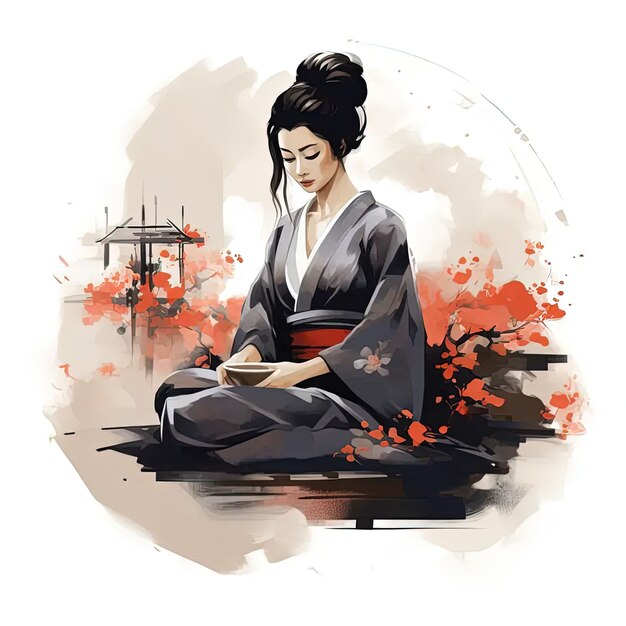 Photo a woman in a kimono sitting on a bench