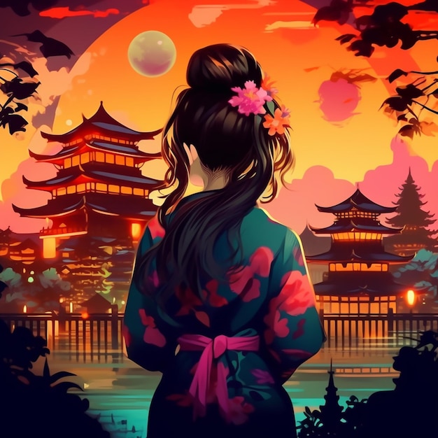 Женщина в кимоно стоит перед пагодой.