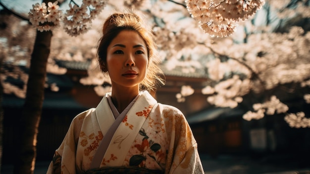 Женщина в кимоно стоит под цветущей вишней.