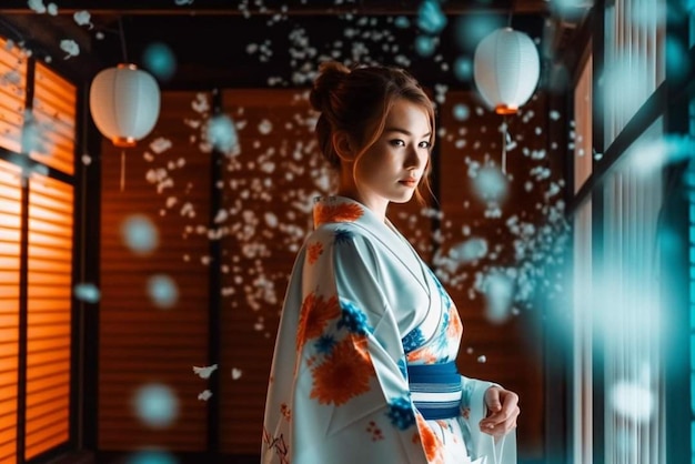 A woman in a kimono stands in front of a lantern with white lights and a white lantern with the word