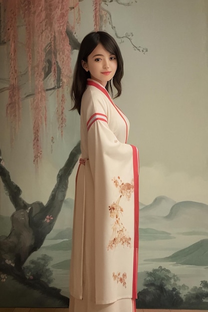 A woman in a kimono stands in front of a painting of a tree.