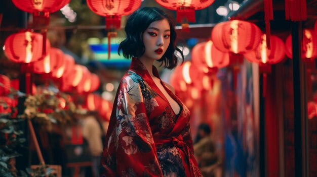 A woman in a kimono stands in front of red lanterns.