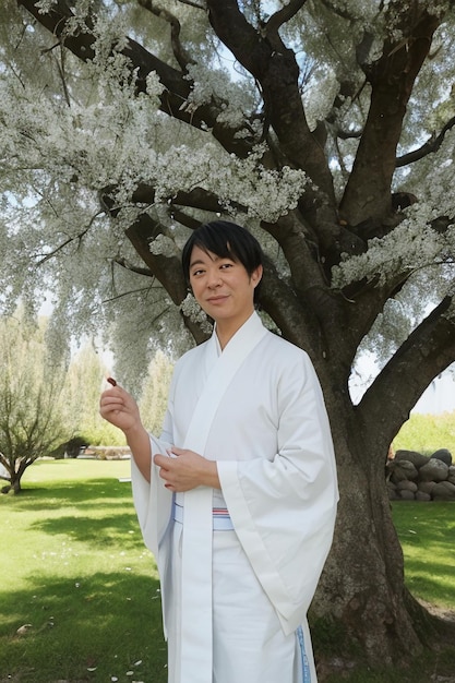 Photo a woman in a kimono stands in front of a tree with white flowers.