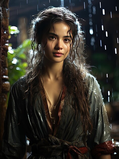 Photo a woman in a kimono stands in the rain