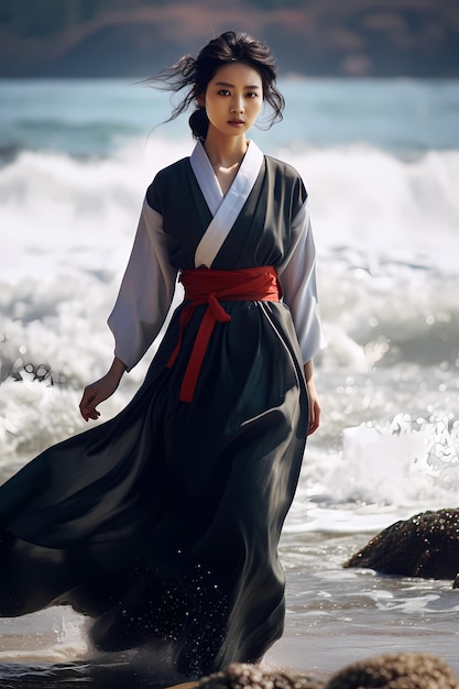 a woman in a kimono stands in the water