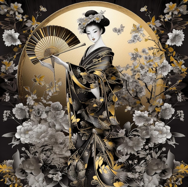 a woman in a kimono with a fan on her head