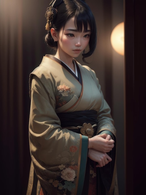Женщина в кимоно с цветами спереди