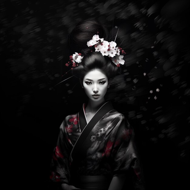 Photo a woman in a kimono with flowers on her head and the word geisha on the bottom.