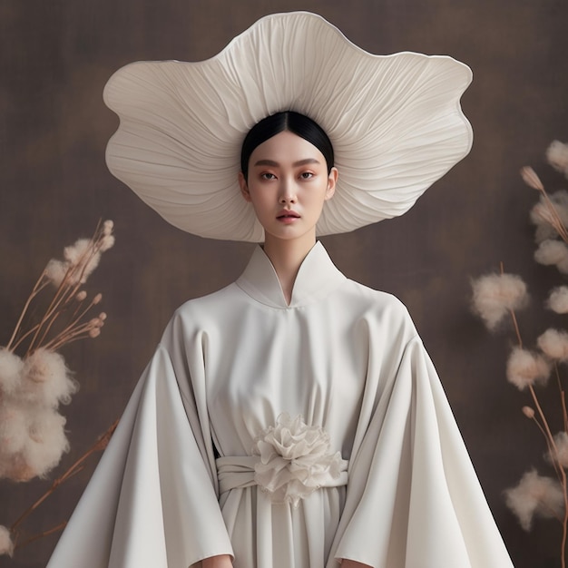 A woman in a kimono with a hat on her head and a flower in the background