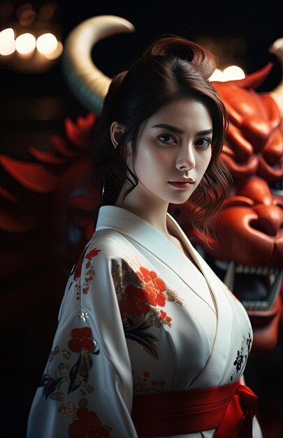 женщина в кимоно с рогами и красным быком за ней