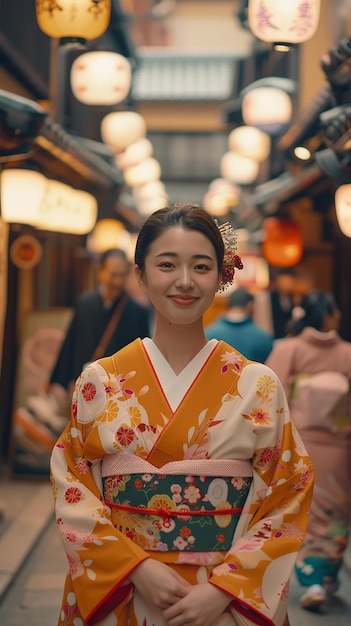 a woman in a kimono with a japanese sign behind her