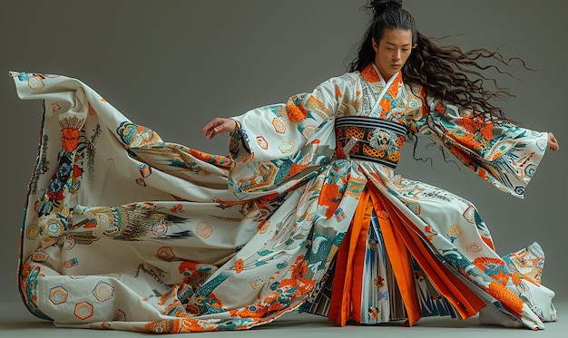 a woman in a kimono with a kimono on the front