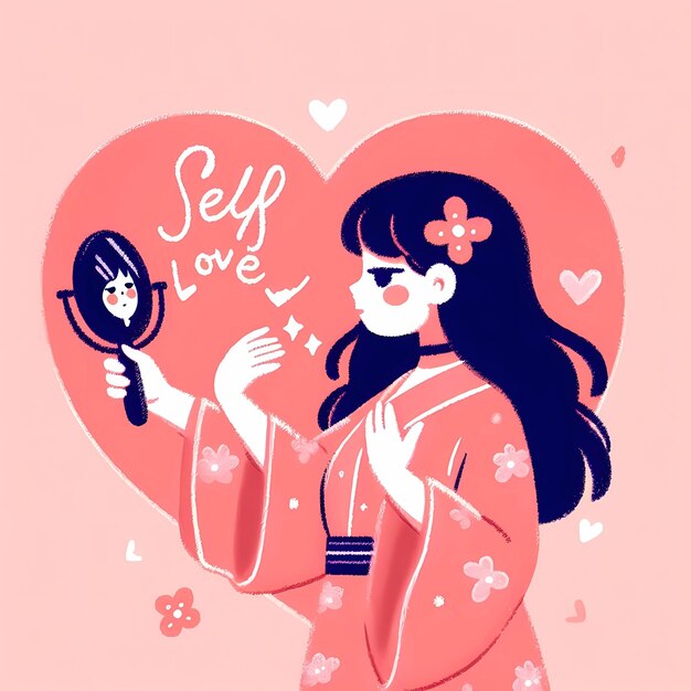 Photo a woman in a kimono with a pink background that says self love self love