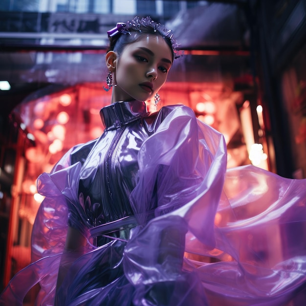 Foto una donna in kimono con un vestito viola e una fascia viola.