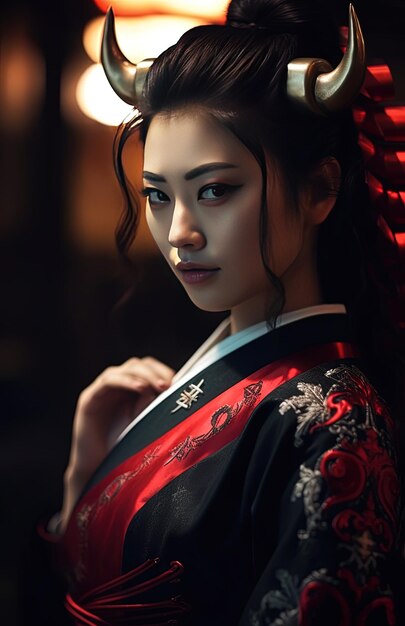 Photo a woman in a kimono with a red and black kimono