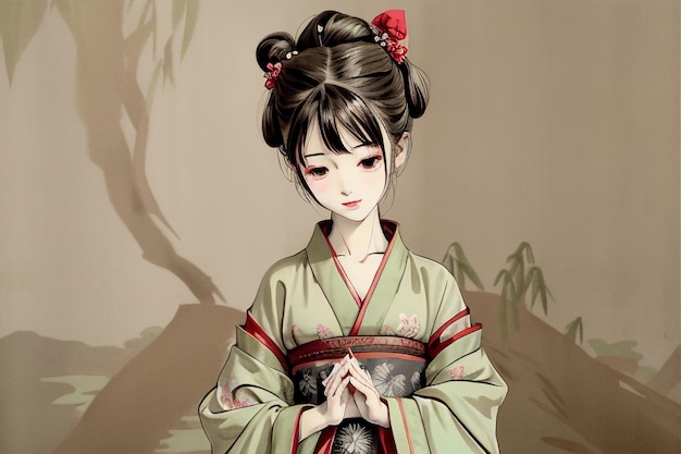 Женщина в кимоно с красными глазами стоит перед деревом.