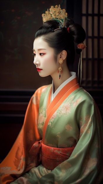 A woman in a kimono with a red flower on her head