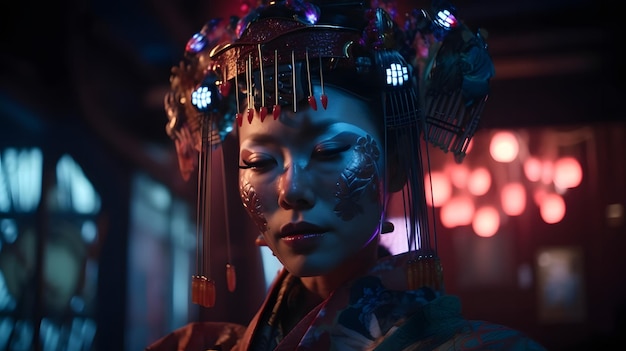 A woman in a kimono with a red light on her face