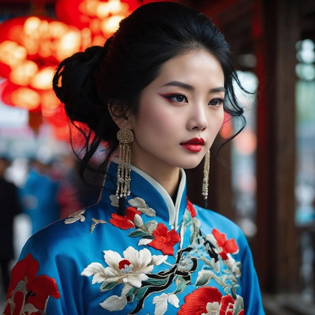 a woman in a kimono with a red lip gloss on her face