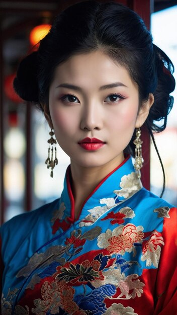 a woman in a kimono with a red lip gloss