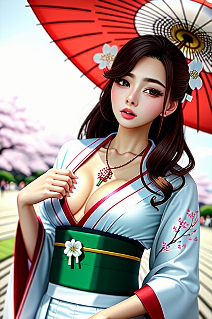 A woman in a kimono with a red umbrella