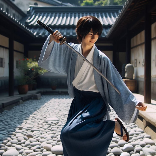 женщина в кимоно с мечом в руке