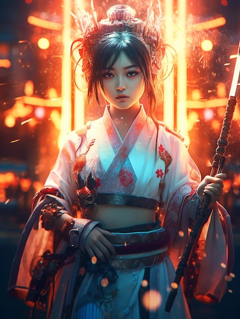 A woman in a kimono with a sword in her hand.