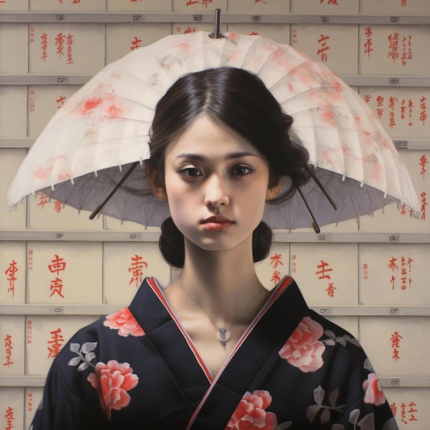 a woman in a kimono with an umbrella on her head