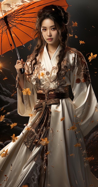 a woman in a kimono with an umbrella