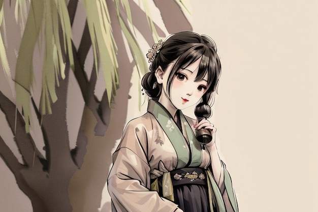 Женщина в кимоно со словом «ханфу» спереди.